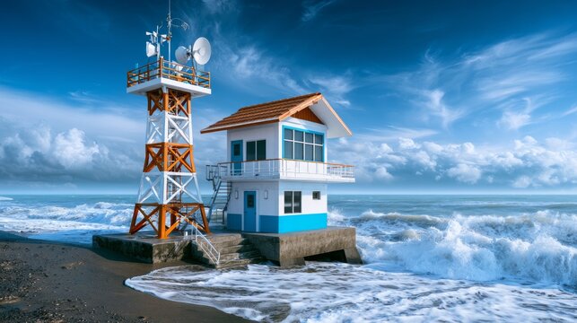 Coastal Tsunami Warning Station with Monitoring Equipment on the Beach Under Blue Sky