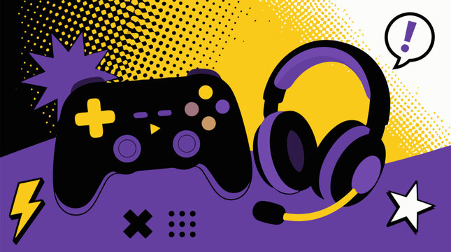 Bold pop art gaming vector with black controller, purple headset, comic halftone dots, yellow burst background, lightning icons and playful esports energy for streaming graphics art