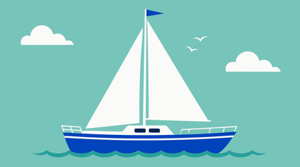 Fototapeta premium Minimal sailboat vector illustration with white sails, blue hull, waving teal water, clouds, seagulls, and nautical flag on calm turquoise background for coastal travel design theme