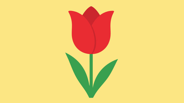 Single red tulip with smooth petals, upright green stem and leaves on soft yellow background, cheerful minimal vector illustration for spring greetings, garden decor, floral logos and holiday cards