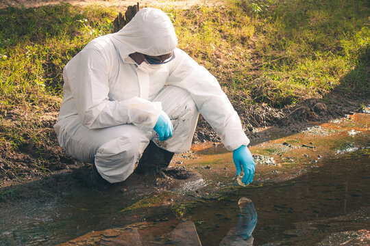 Water quality inspection using laboratory equipment to identify toxic substances.