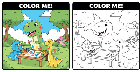 Cute Cartoon Dinosaurs Painting Together in a Park © Dewan
