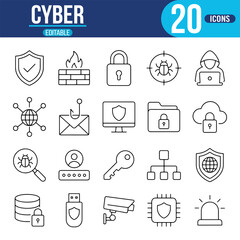 Fototapeta premium Cyber Security Line Icon Set Editable Outline Vector Collection with Firewall, Shield, Lock, Hacker, Cloud Security, Network Protection and Data Privacy Symbols