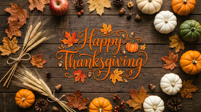 Happy thanksgiving decorative sign with autumn elements on rustic wooden background