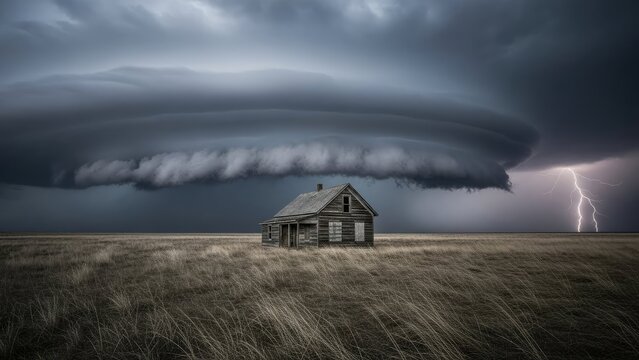 Abandoned house under massive supercell storm cloud with lightning.