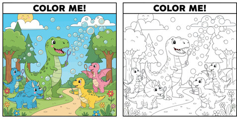 Cute Cartoon Dinosaurs Playing and Blowing Bubbles in a Park © Dewan