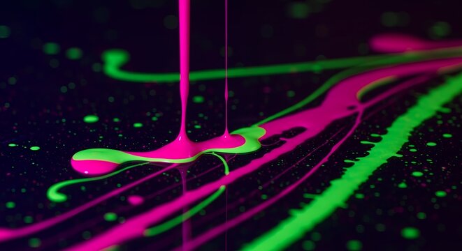 Abstract macro of dripping neon paint texture, glowing pink and green pattern.
