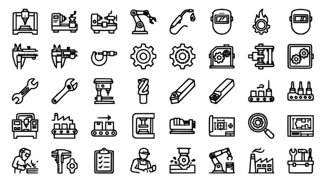 Industrial automation icons set manufacturing robotics and engineering line art