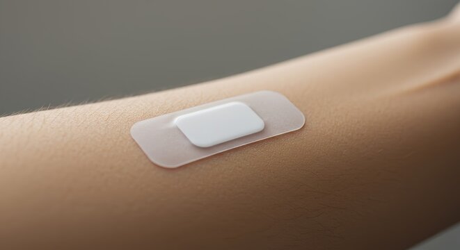 Macro close-up of a discreet wearable health sensor patch on the back.
