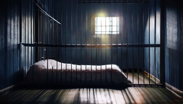 gloomy prison cell with mattress lying on floor and light coming from barred window