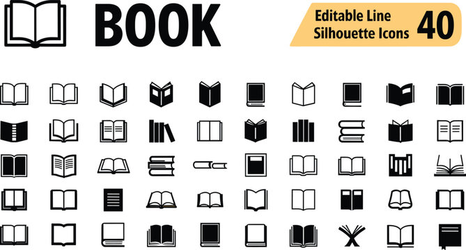Book line and silhouette icons set containing educational literature textbook open pages library study knowledge publication dictionary vector elements