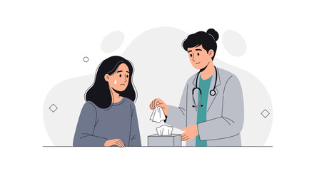 Fototapeta premium Doctor offers tissue to sad crying patient, illustrating empathy and healthcare support