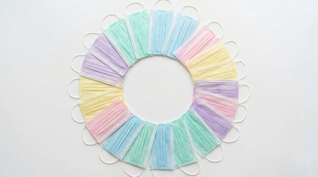 Face mask circle with pastel colors arranged on white background showing health protection and safety concept