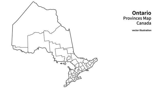 Ontario Map with Province Boundaries, Minimal Canada Region Local Administrative Division Silhouette Line Layout Vector