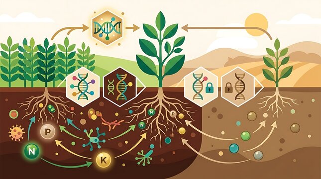 Agricultural biotechnology infographic showing soil health and genetics