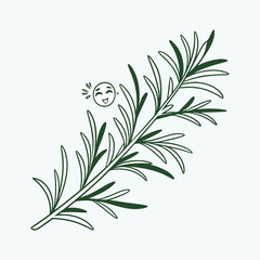 Fototapeta premium Cute cartoon sprig of rosemary with happy face and smiling eyes on white background.