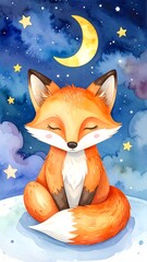 Fototapeta premium Cute watercolor fox sleeps peacefully under a starry night sky with a crescent moon.