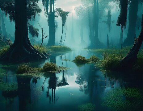 mysterious and misty swamp landscape generative ai