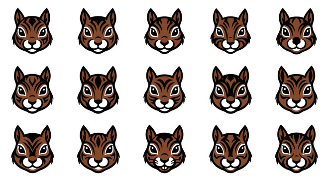 Professional Set of 15 Stylized Brown and Black Cartoon Chipmunk Faces for Design Branding and Illustrations