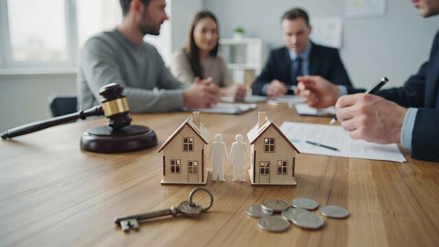 Property division negotiation with houses, gavel, keys, coins, family law settlement, real estate transaction, legal discussion, flat vector illustration