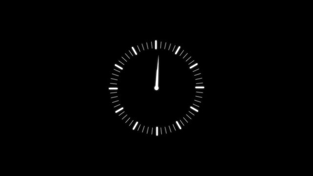 Minimalist analog clock face with white hands and markers on a black background showing the time at approximately seven forty five for timing