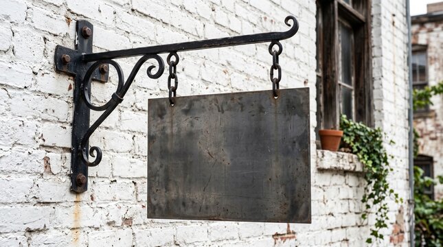 Blank vintage metal sign hanging on white brick wall