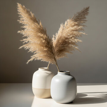 two ceramic vases with fluffy dried pampas grass on a white surface with sharp shadows