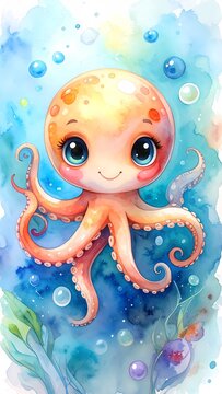 Cute watercolor octopus swims in a vibrant blue ocean with bubbly water