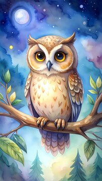Cute watercolor owl sits on a branch under a full moon at night