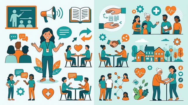 Social workers helping community with health and communication icons
