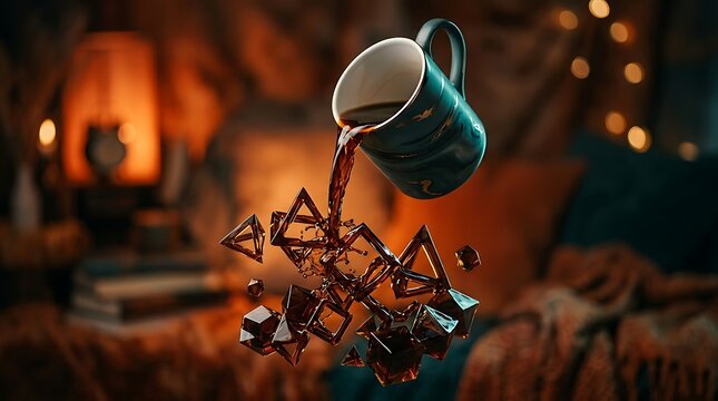 Magical floating mug pouring coffee into polyhedral shapes