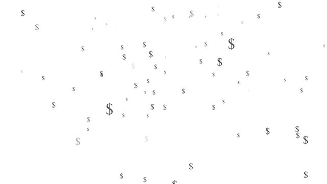 Multiple grey dollar currency symbols floating and drifting across a plain white background representing financial growth and global money exchange