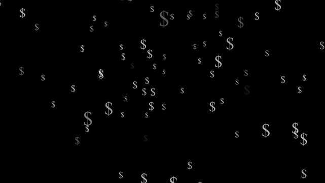 Multiple white dollar currency symbols floating and drifting across a solid black background representing financial growth and global money exchange