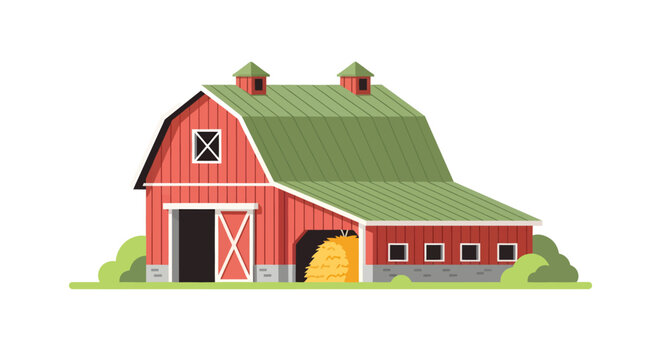 Classic Red Barn Illustration with Green Roof and Haystack. Traditional American Farmhouse Vector Graphic for Agricultural and Rural Design Projects.