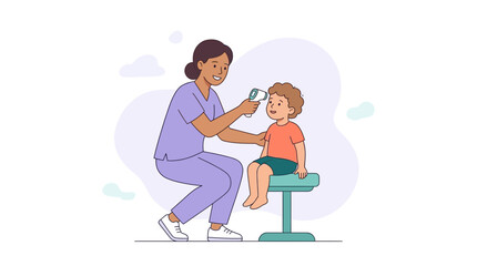 Fototapeta premium Friendly nurse checks a child's temperature with a digital thermometer, conveying care and health awareness in a modern vector style.