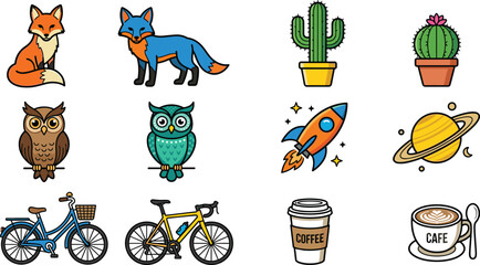 Cute Line Vector Icon Set Featuring Foxes Owls Potted Cactus Rockets Saturn Planet Bicycles and Coffee Cups for Creative Graphic Design Elements © MDFahim