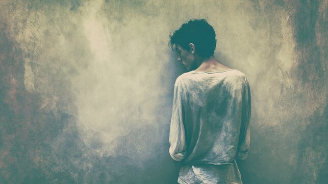Young man with head against a textured wall experiences inner turmoil.