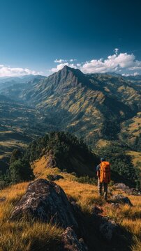 A hiker with an orange backpack gazes at distant mountains against a clear blue background.