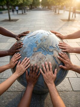 Diverse hands touching a globe sculpture symbolizing unity