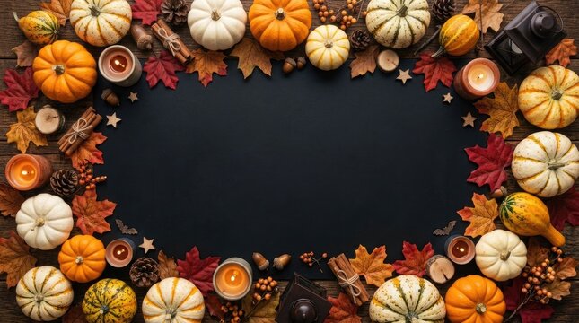 Halloween background with pumpkins autumn leaves and candles on black large copy space for text