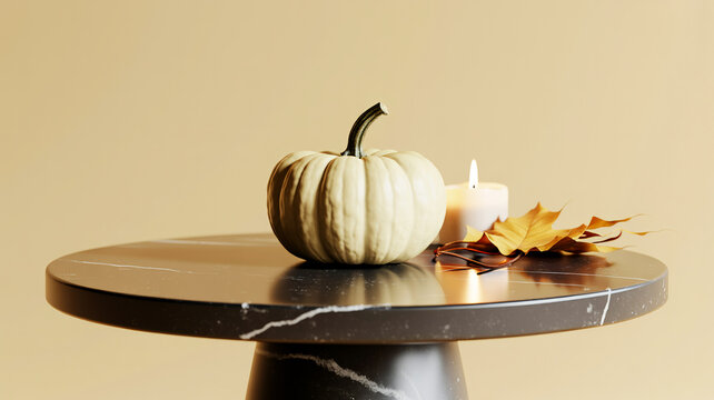 Autumn decor featuring pumpkin candle and dried leaves on round table