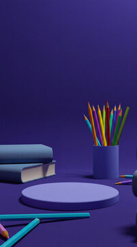 A creative still life featuring a collection of colorful pencils, books, and a display podium against a vibrant purple backdrop.