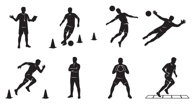 Soccer training drills and football player actions silhouette icons with football training silhouette
