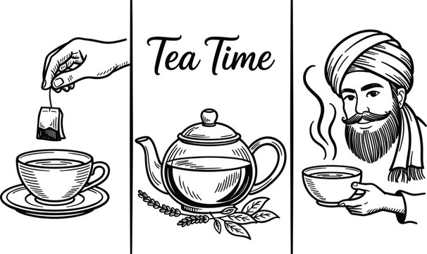 Vintage tea time banner collection featuring hand holding teabag glass teapot and indian man drinking hot beverage