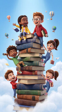 Diverse group of happy cartoon children enthusiastically climbing and playing on a tall stack of books against a cloudy sky.
