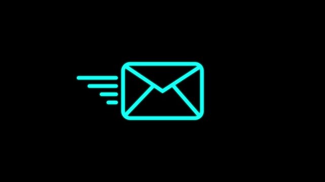 A glowing cyan neon email envelope with motion lines isolated on a black background representing digital communication or message delivery
