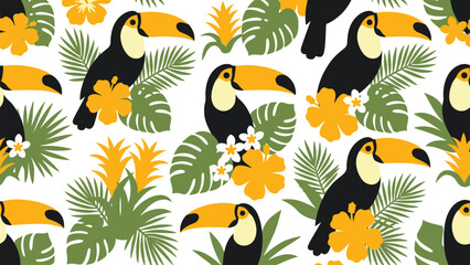 Obraz premium Seamless tropical pattern featuring toucans with hibiscus flowers and palm leaves. Flat vector illustration EPS 10.