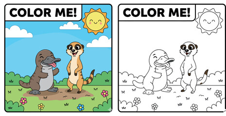 Fototapeta premium Cute Cartoon Platypus and Meerkat Meeting in a Sunny Meadow