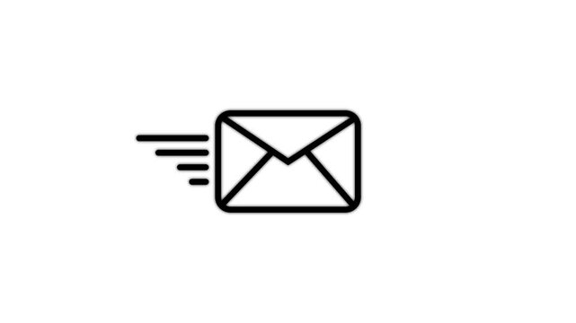Black envelope with motion lines indicating fast delivery on a white background representing digital communication and electronic mail messaging