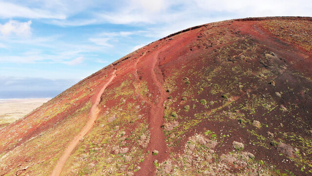 Volcano Calderon Hondo, Island Fuerteventura, Canary Islands, Spain, Europe. Hiking trail on Calderon Hondo Volcano, Island Fuerteventura, Canary Islands, Spain, Europe.